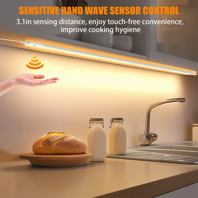Alt view image 2 of 7 - Smart Under Cabinet Lights, 40in Plug in Under Cabinet Lighting with Handwave Sensor, Bright Dimmable 5 Color Temp Stick on Closet Light, Slim Cuttable Under Counter Lights for Kitchen Desk Shelf