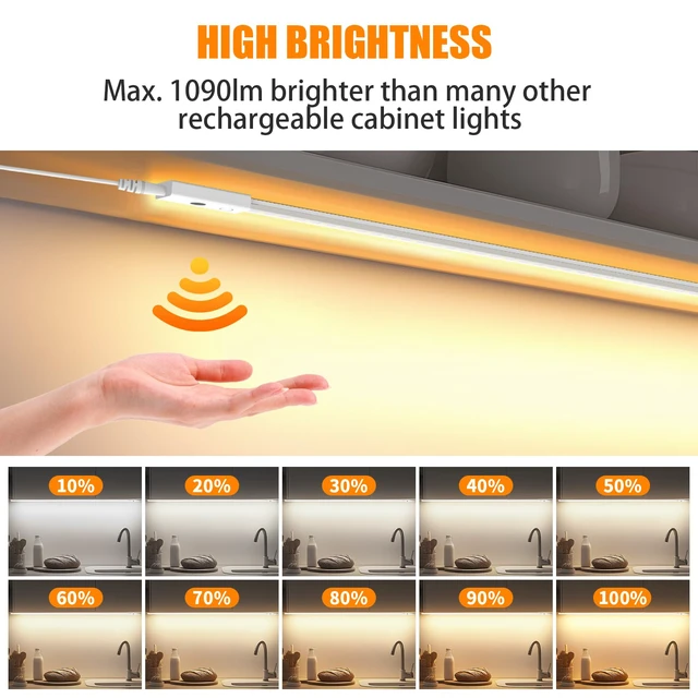 Alt view image 3 of 7 - Smart Under Cabinet Lights, 40in Plug in Under Cabinet Lighting with Handwave Sensor, Bright Dimmable 5 Color Temp Stick on Closet Light, Slim Cuttable Under Counter Lights for Kitchen Desk Shelf