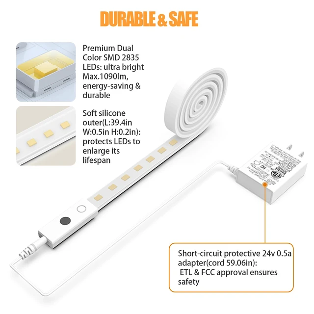 Alt view image 4 of 7 - Smart Under Cabinet Lights, 40in Plug in Under Cabinet Lighting with Handwave Sensor, Bright Dimmable 5 Color Temp Stick on Closet Light, Slim Cuttable Under Counter Lights for Kitchen Desk Shelf