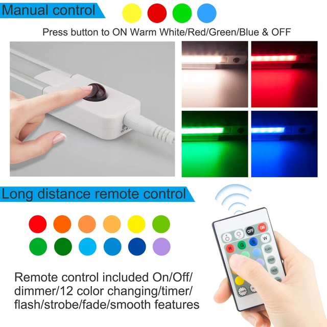 Alt view image 2 of 7 - Under Cabinet Light with Remote, Stick on Color Changing Under Counter Lighting, Plug in RGB LED Light Bar with Timer for Kitchen Sink Shelf Cupboard Closet Pantry Desk TV Stand Backlight