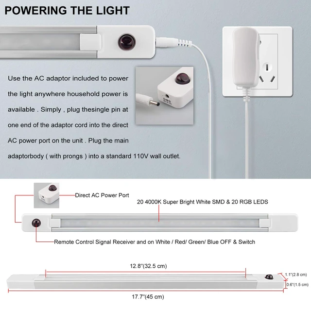 Alt view image 6 of 7 - Under Cabinet Light with Remote, Stick on Color Changing Under Counter Lighting, Plug in RGB LED Light Bar with Timer for Kitchen Sink Shelf Cupboard Closet Pantry Desk TV Stand Backlight
