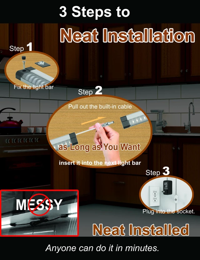 Alt view image 2 of 7 - Under Cabinet Light Bar, Neat Plug-in 6-Pack 12 Inch, 6500K 2700Lm | 1 Ext Cables, Mess-Free Built-in Adj Cable, ETL Adapter, Dimmer, Under Cabinet Lighting for Kitchen Counter Closet Bookshelf