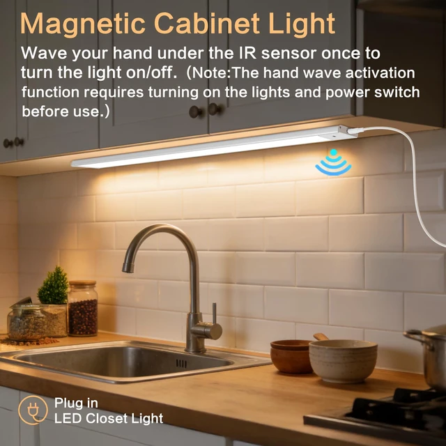 Alt view image 2 of 7 - Under Cabinet Light,2Pcs 15.7 Inch Plug in LED Closet Light with Hand Wave | 3 Color Temps & Adjustable Brightness, Super Slim Dimmable Workbench,Under Counter Lights for Kitchen
