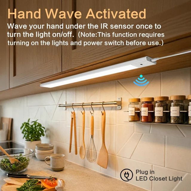 Alt view image 3 of 7 - Under Cabinet Light,2Pcs 15.7 Inch Plug in LED Closet Light with Hand Wave | 3 Color Temps & Adjustable Brightness, Super Slim Dimmable Workbench,Under Counter Lights for Kitchen