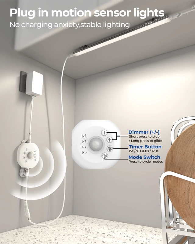 Alt view image 3 of 7 - Under Cabinet Lighting, Motion Sensor Dimmable LED Counter Light Bar, Plug-in Closet Lights with Day & Night Dual Modes, 4500K Daylight White, 3 Pcs Linkable for Kitchen, Pantry, Workbench