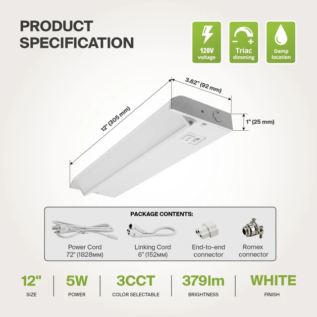 Alt view image 7 of 7 - Swivel LED Under Cabinet Lighting Plug in or Hardwired 12 Inch, Dimmable Under Cabinet Lights with High/Low/Off Switch, 3CCT 2700K-4000K, Linkable Under Counter Lights for Kitchen, White, ETL