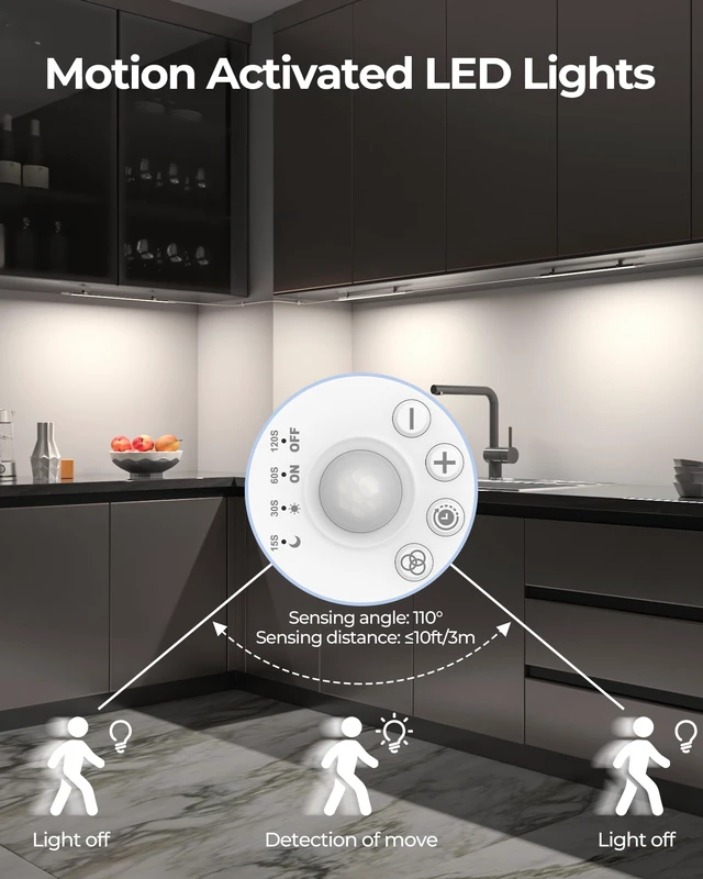 Alt view image 5 of 7 - Under Cabinet Lighting, Motion Sensor Dimmable LED Counter Light Bar, Plug-in Closet Lights with Day & Night Dual Modes, 4500K Daylight White, 3 Pcs Linkable for Kitchen, Pantry, Workbench