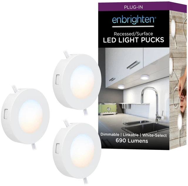 Main image of Recessed Surface LED Puck Lights, 3 Pucks | Under Cabinet Lighting, 690 Lumens, Five White Settings from (2700K-6500K), Linkable, Under Counter Lighting for Kitchen