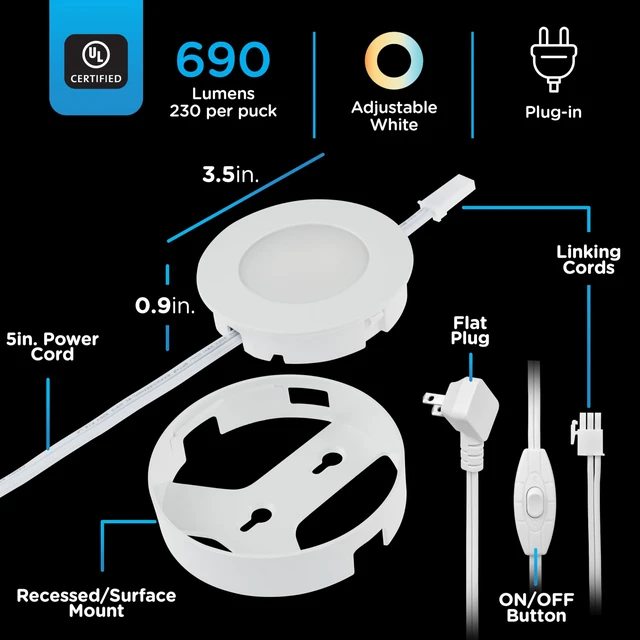 Alt view image 3 of 7 - Recessed Surface LED Puck Lights, 3 Pucks | Under Cabinet Lighting, 690 Lumens, Five White Settings from (2700K-6500K), Linkable, Under Counter Lighting for Kitchen