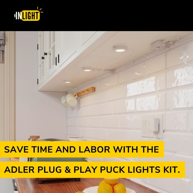 Alt view image 2 of 7 - 2.75-Inch LED Puck Light Kit, 3-Pack, Plug-in, 3000K, White | Warm white light, 12V plug-in kit with in-line dimmer, recessed/surface mount. Model: IN-0102-3-WH