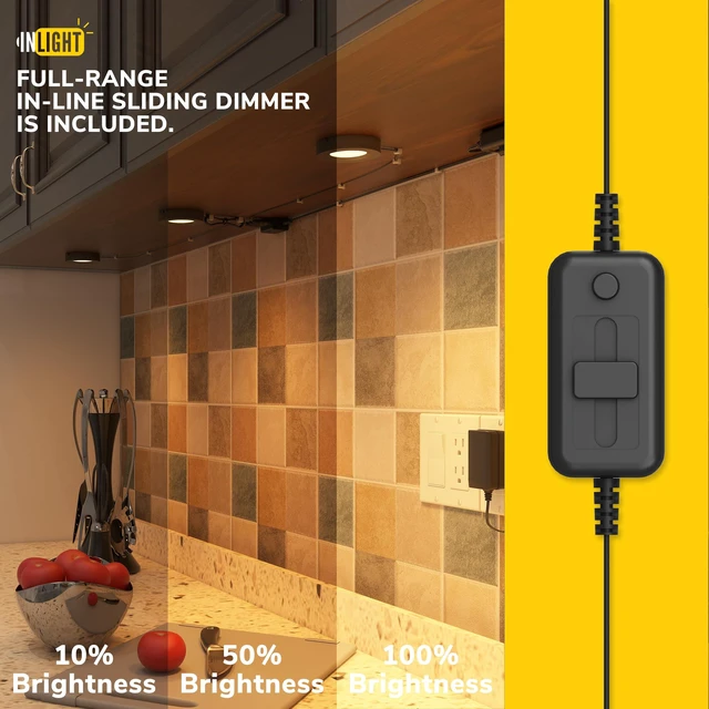 Alt view image 5 of 7 - 2.75-Inch LED Puck Light Kit, 3-Pack, Plug-in, 3000K, White | Warm white light, 12V plug-in kit with in-line dimmer, recessed/surface mount. Model: IN-0102-3-WH