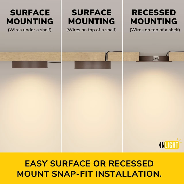 Alt view image 6 of 7 - 2.75-Inch LED Puck Light Kit, 3-Pack, Plug-in, 3000K, White | Warm white light, 12V plug-in kit with in-line dimmer, recessed/surface mount. Model: IN-0102-3-WH