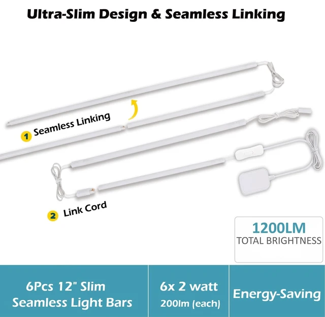 Alt view image 3 of 7 - Under Cabinet Lighting, 6-Pack 12" Linkable LED Light Bars 3000K | Warm White 1200LM Plug-in CRI90+ Frosted Lens Pantry Bookshelf Workbench