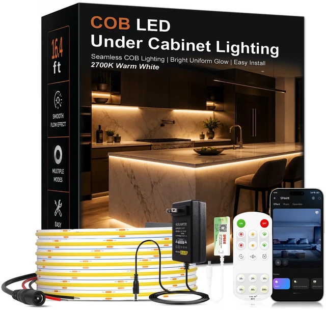 Main image of Under Cabinet LED Lighting kit, Plug in 16.4ft COB LED Strip Lights | 2700K Warm White, 2400 LEDs, 7000LM, Cuttable & Linkable, APP & Remote Control, Dimmable, Kitchen, Closet & Shelf Lighting