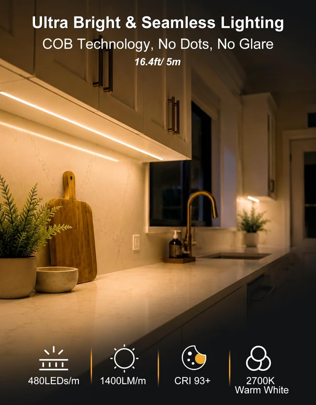 Alt view image 2 of 7 - Under Cabinet LED Lighting kit, Plug in 16.4ft COB LED Strip Lights | 2700K Warm White, 2400 LEDs, 7000LM, Cuttable & Linkable, APP & Remote Control, Dimmable, Kitchen, Closet & Shelf Lighting