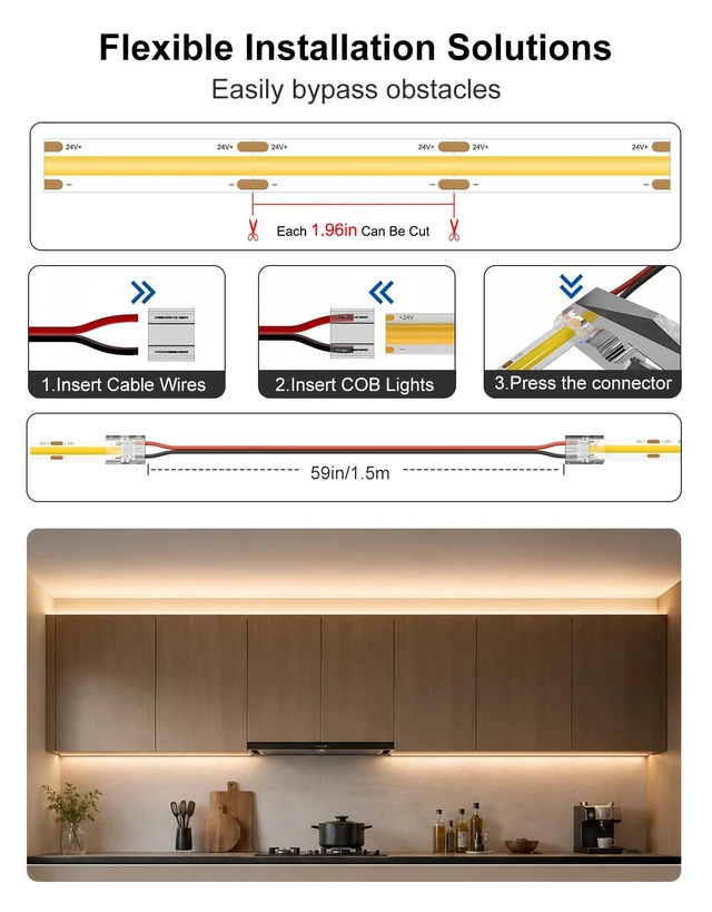 Alt view image 6 of 7 - Under Cabinet LED Lighting kit, Plug in 16.4ft COB LED Strip Lights | 2700K Warm White, 2400 LEDs, 7000LM, Cuttable & Linkable, APP & Remote Control, Dimmable, Kitchen, Closet & Shelf Lighting
