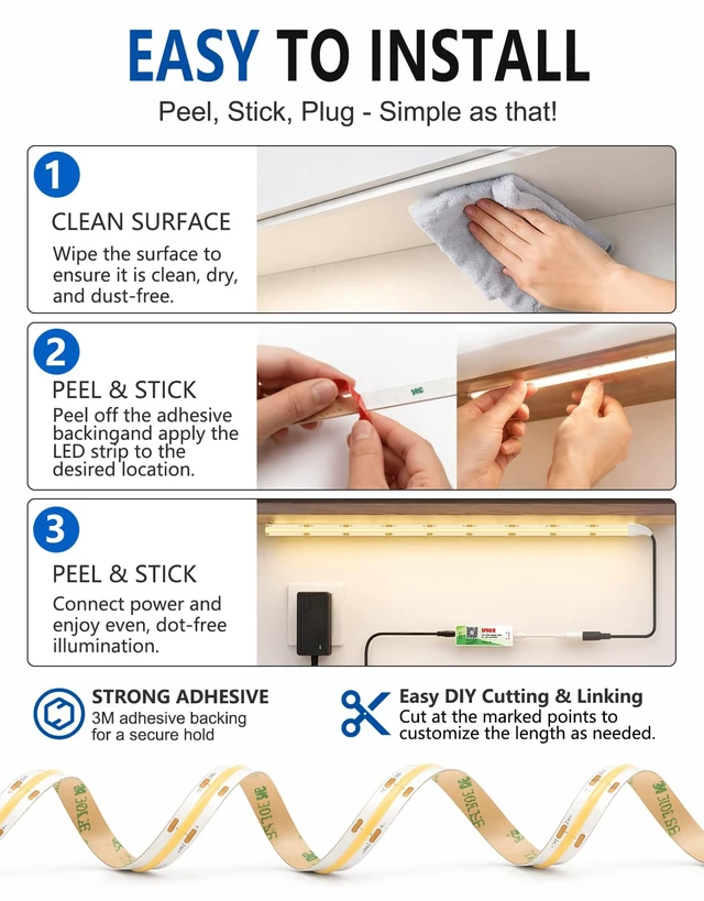 Alt view image 5 of 7 - Under Cabinet LED Lighting kit, Plug in 16.4ft COB LED Strip Lights | 2700K Warm White, 2400 LEDs, 7000LM, Cuttable & Linkable, APP & Remote Control, Dimmable, Kitchen, Closet & Shelf Lighting