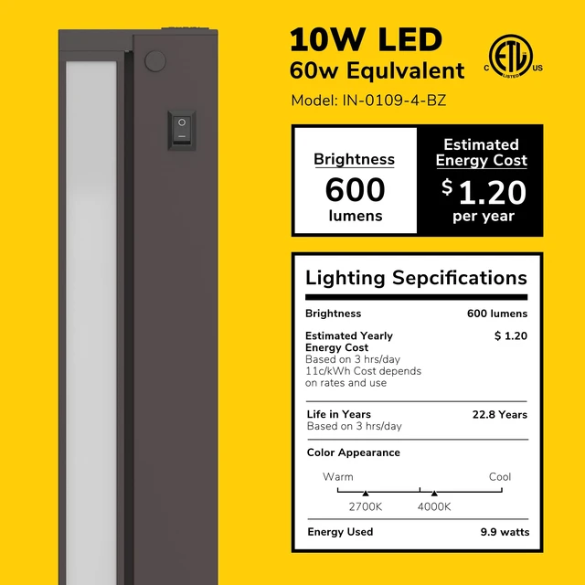 Alt view image 2 of 7 - 16-Inch Plug-in Swivel LED Under Cabinet Light, 2-CCT, Bronze | 2700K warm white/4000K bright white, dimmable. Model: IN-0109-4-BZ