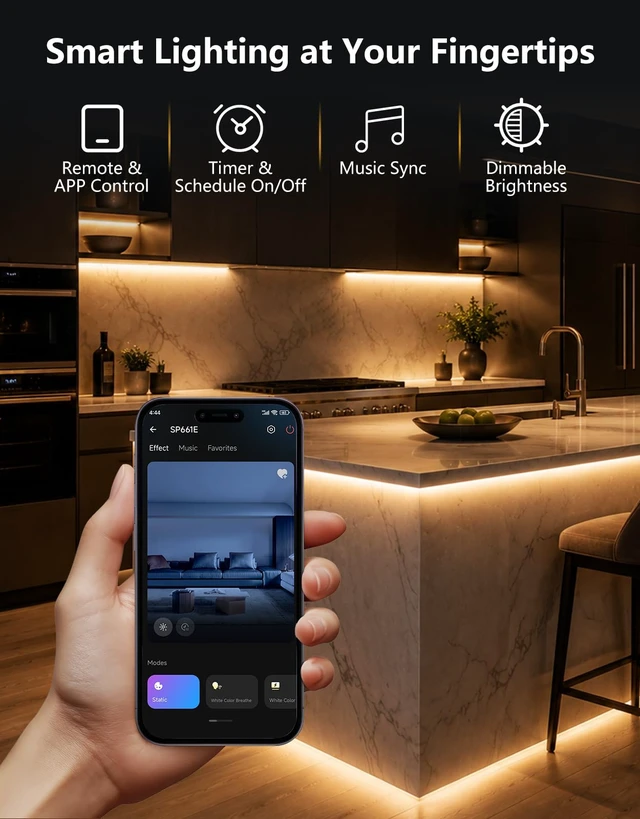 Alt view image 7 of 7 - Under Cabinet LED Lighting kit, Plug in 16.4ft COB LED Strip Lights | 2700K Warm White, 2400 LEDs, 7000LM, Cuttable & Linkable, APP & Remote Control, Dimmable, Kitchen, Closet & Shelf Lighting