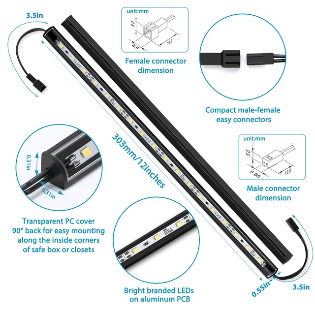 Alt view image 2 of 7 - LED Safe Lighting Kit Plug in. Door Control Activated. 5000K | 6 Slim 12 inch Light Bars. Linkable Extendable for Gun Safe, Closet, Tool Box, in-Cabinet Under Counter Pantry. Daylight