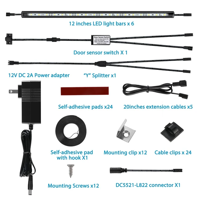 Alt view image 3 of 7 - LED Safe Lighting Kit Plug in. Door Control Activated. 5000K | 6 Slim 12 inch Light Bars. Linkable Extendable for Gun Safe, Closet, Tool Box, in-Cabinet Under Counter Pantry. Daylight