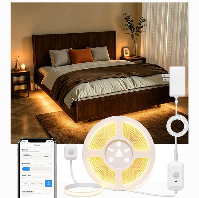 Main image of Smart Plug-in Dual Motion Sensor COB LED Strip Light for Under Bed, Under Cabinet, Hallway, Closet, 19.6ft APP Control, 3000K Warm White