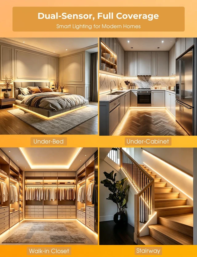 Alt view image 6 of 7 - Smart Plug-in Dual Motion Sensor COB LED Strip Light for Under Bed, Under Cabinet, Hallway, Closet, 19.6ft APP Control, 3000K Warm White