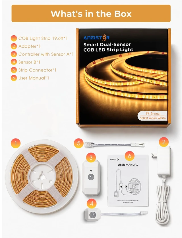 Alt view image 7 of 7 - Smart Plug-in Dual Motion Sensor COB LED Strip Light for Under Bed, Under Cabinet, Hallway, Closet, 19.6ft APP Control, 3000K Warm White