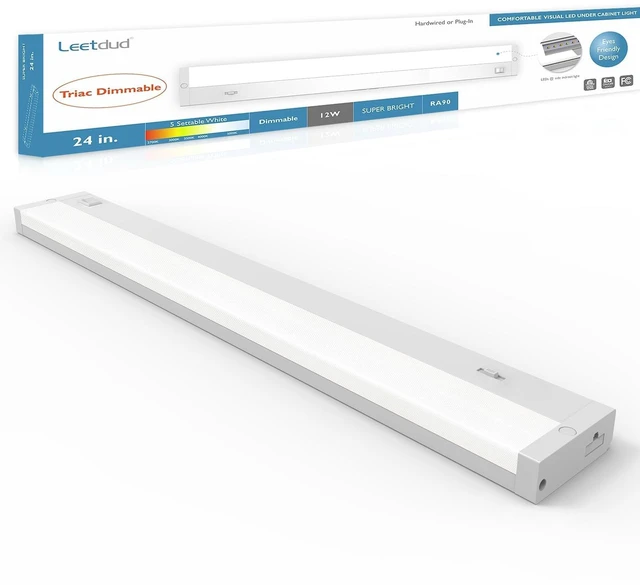 Main image of LED Under Cabinet Lighting Hardwired or Plug in, 24 Inch 12W, Dimmable 5 Color 2700K/3000K/3500K/4000K/5000K, Linkable Eyes Care Design Counter Lights for Kitchen, Sink, ETL Listed, White