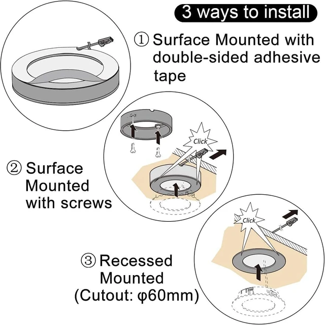 Alt view image 7 of 7 - Under Cabinet Lights CCT 3000K-6000K, Puck Lights Color Temperature and Brightness Adjustable with Touch Switch and ETL Listed Led Driver, Plug in Led Light for Kitchen Under Cabinet Wardrobe
