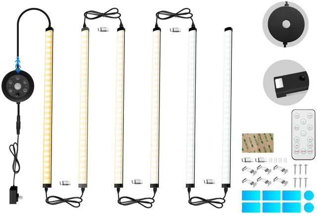 Main image of Under Cabinet Lights, 6 Pack Dimmable LED Lighting strip with IR Control, 3 Color Changing Plug in Light Bars, Stepless Brightness Timer Closet Lights for Kitchen Counter Shelf Wardrobe Display