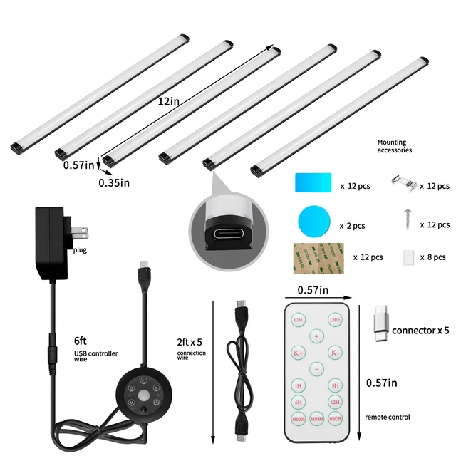 Alt view image 6 of 6 - Under Cabinet Lights, 6 Pack Dimmable LED Lighting strip with IR Control, 3 Color Changing Plug in Light Bars, Stepless Brightness Timer Closet Lights for Kitchen Counter Shelf Wardrobe Display