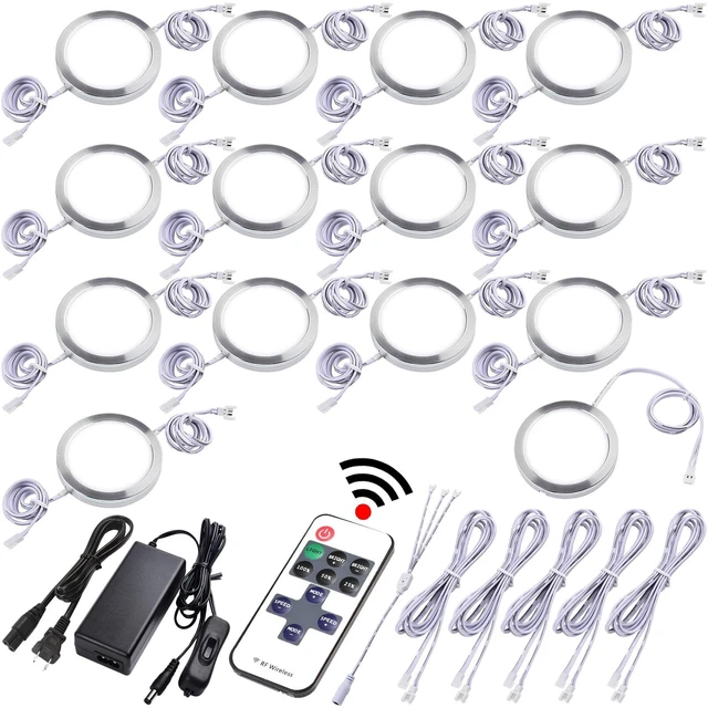 Main image of Under Cabinet Lighting Kit, Curio Display Case Lighting, Dimmable Wireless RF Remote Control, Linkable Wired LED Puck Lights, AC120V to DC12V, Hardwired or Wall Plug, Daylight, 14 Lights