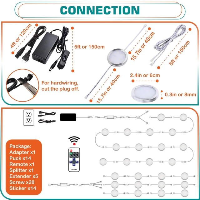 Alt view image 2 of 7 - Under Cabinet Lighting Kit, Curio Display Case Lighting, Dimmable Wireless RF Remote Control, Linkable Wired LED Puck Lights, AC120V to DC12V, Hardwired or Wall Plug, Daylight, 14 Lights