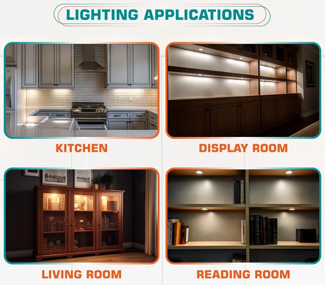 Alt view image 7 of 7 - Under Cabinet Lighting Kit, Curio Display Case Lighting, Dimmable Wireless RF Remote Control, Linkable Wired LED Puck Lights, AC120V to DC12V, Hardwired or Wall Plug, Daylight, 14 Lights