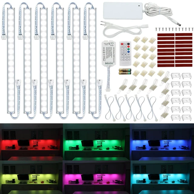 Main image of Under Cabinet LED Lighting RGB Color Changing & Super Bright White Light | Dimmable with Remote. 6 pcs Linkable LED Light Strips with Power Supply, Extension Cords. Plug in. Max 24W. RGB + 5000K