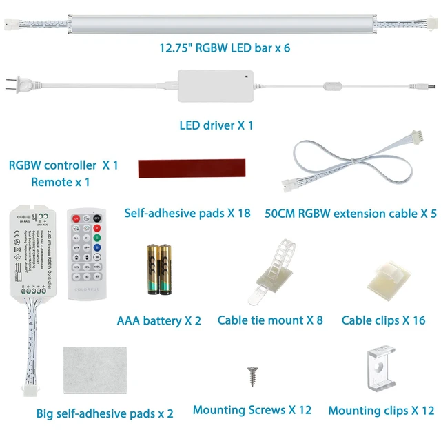 Alt view image 2 of 7 - Under Cabinet LED Lighting RGB Color Changing & Super Bright White Light | Dimmable with Remote. 6 pcs Linkable LED Light Strips with Power Supply, Extension Cords. Plug in. Max 24W. RGB + 5000K