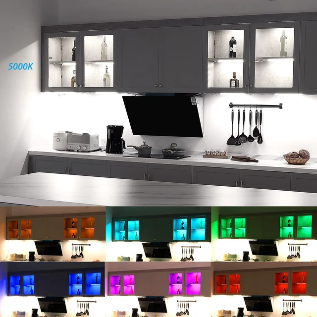 Alt view image 3 of 7 - Under Cabinet LED Lighting RGB Color Changing & Super Bright White Light | Dimmable with Remote. 6 pcs Linkable LED Light Strips with Power Supply, Extension Cords. Plug in. Max 24W. RGB + 5000K
