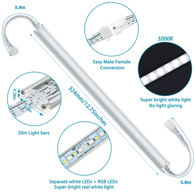 Alt view image 4 of 7 - Under Cabinet LED Lighting RGB Color Changing & Super Bright White Light | Dimmable with Remote. 6 pcs Linkable LED Light Strips with Power Supply, Extension Cords. Plug in. Max 24W. RGB + 5000K