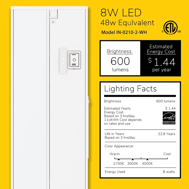 Alt view image 2 of 7 - 18-inch 3 Color Levels LED Under Cabinet Lighting, Hardwired or Plugged-in, Selectable White 2700K/3000K/4000K, Dimmable, White Finished, IN-0210-2