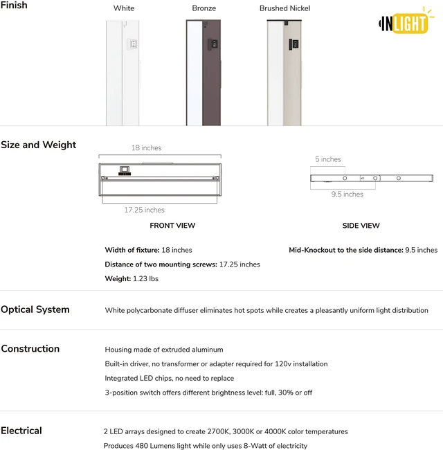 Alt view image 5 of 7 - 18-inch 3 Color Levels LED Under Cabinet Lighting, Hardwired or Plugged-in, Selectable White 2700K/3000K/4000K, Dimmable, White Finished, IN-0210-2