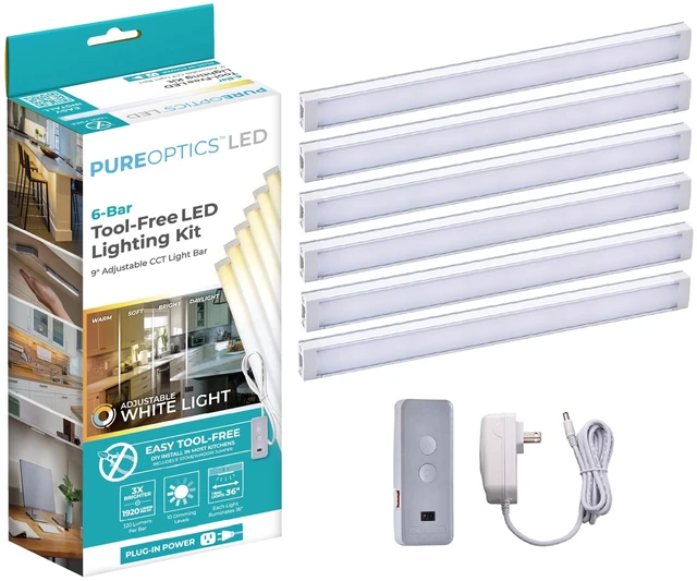 Main image of Under Cabinet Lighting Kit, Motion Sensor, Dimmable, Linkable, 3 Color Settings, Tool-Free, for Kitchen, Pantry, Cabinets, Closets, Office (6) 9" Bars