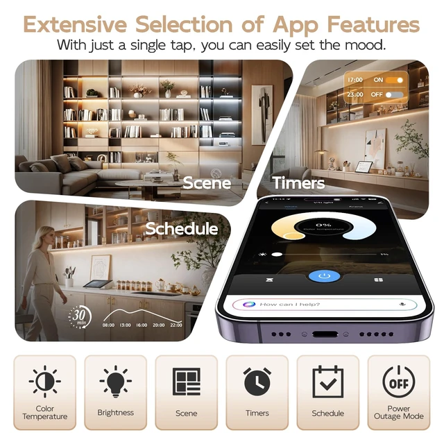 Alt view image 4 of 7 - Under Cabinet Lighting Plug-in, 6-Pack Smart Linkable LED Bars | 0.3in aluminum bars with App, Alexa and remote, 2700K-6500K , 1%-100% dimming, end-to-end or parallel for Kitchens, Cabinets