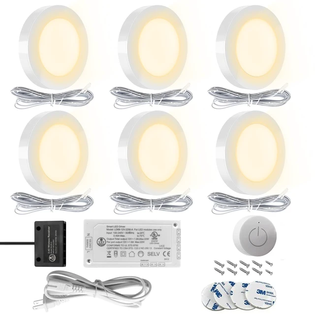 Main image of Under Cabinet Lighting Plug in with Wireless Touch Dimmer Switch, Recessed or Surface Mount Design, Warm White 3000K 12V 2W(12W Total, 60W Equivalent), 6 Pack Puck Lights Fixtures