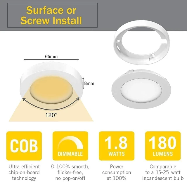 Alt view image 2 of 6 - Under Cabinet Lighting Plug in with Wireless Touch Dimmer Switch, Recessed or Surface Mount Design, Warm White 3000K 12V 2W(12W Total, 60W Equivalent), 6 Pack Puck Lights Fixtures