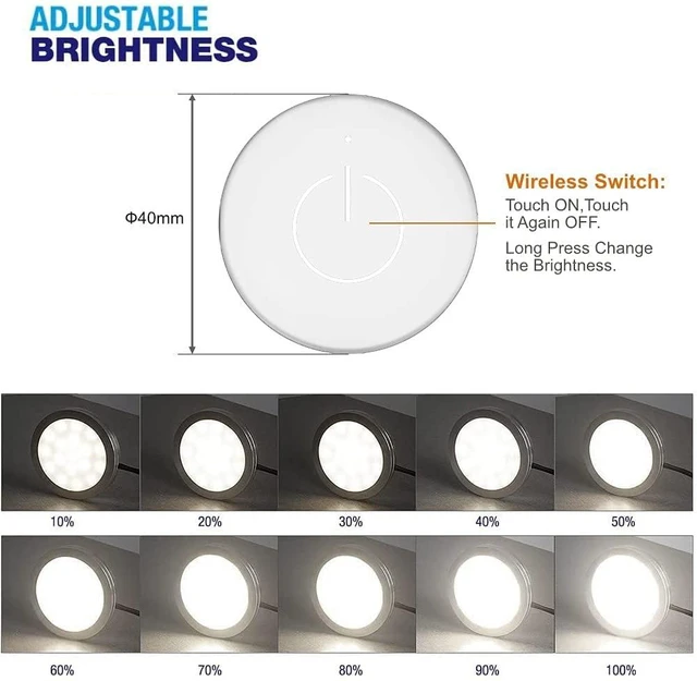 Alt view image 4 of 6 - Under Cabinet Lighting Plug in with Wireless Touch Dimmer Switch, Recessed or Surface Mount Design, Warm White 3000K 12V 2W(12W Total, 60W Equivalent), 6 Pack Puck Lights Fixtures