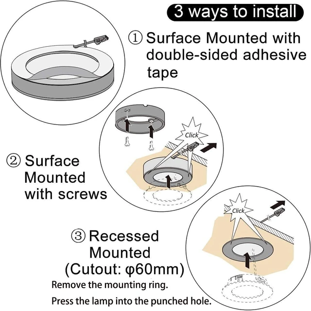 Alt view image 6 of 6 - Under Cabinet Lighting Plug in with Wireless Touch Dimmer Switch, Recessed or Surface Mount Design, Warm White 3000K 12V 2W(12W Total, 60W Equivalent), 6 Pack Puck Lights Fixtures
