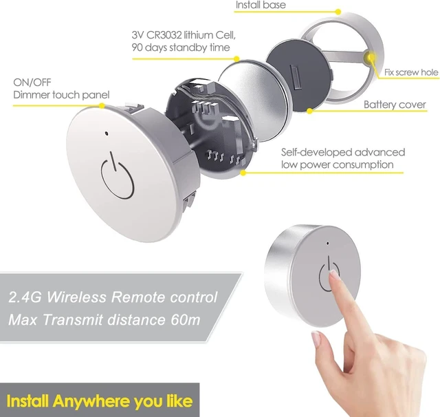 Alt view image 5 of 6 - Under Cabinet Lighting Plug in with Wireless Touch Dimmer Switch, Recessed or Surface Mount Design, Warm White 3000K 12V 2W(12W Total, 60W Equivalent), 6 Pack Puck Lights Fixtures