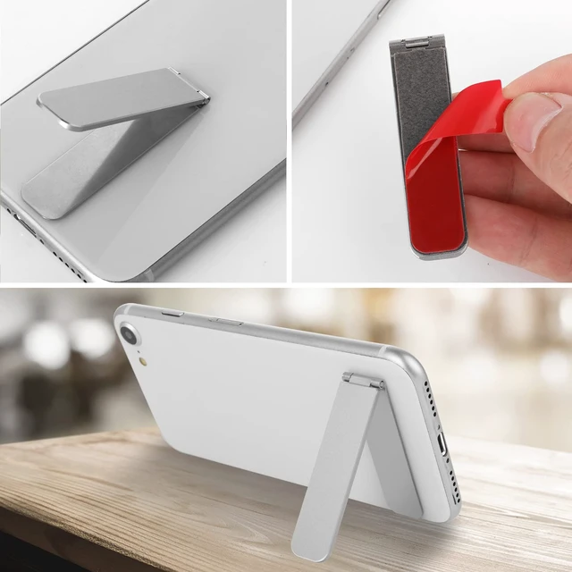 Alt view image 5 of 7 - Ultra Thin Cell Phone Holder, Adjustable Mini Alloy Phone Kickstand Portable Phone Stand Foldable Phone Stand for Mobile Phone Tablet (Silver)