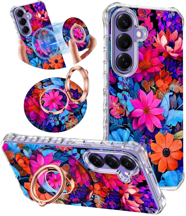 Main image of for Galaxy S26 Plus Case,Magnetic Removable Floral Phone Ring Stand, 360°Rotation MagSafe Stand,Slim Wavy Frame Cases with Cute Flowers for Samsung Galaxy S26 Plus 6.7 inch,All Flower